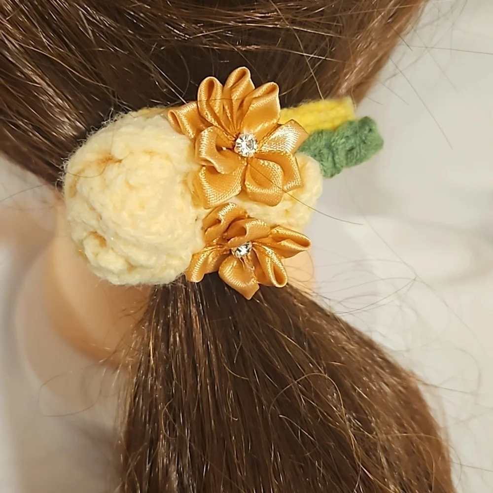 Hand Crafted Crochet hair accessory silver barrete 2- gold flowers handmade rose